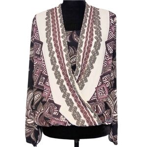 ALFANI Women's Wrap-style Blouse Long Sleeve Black White Burgundy Size 6